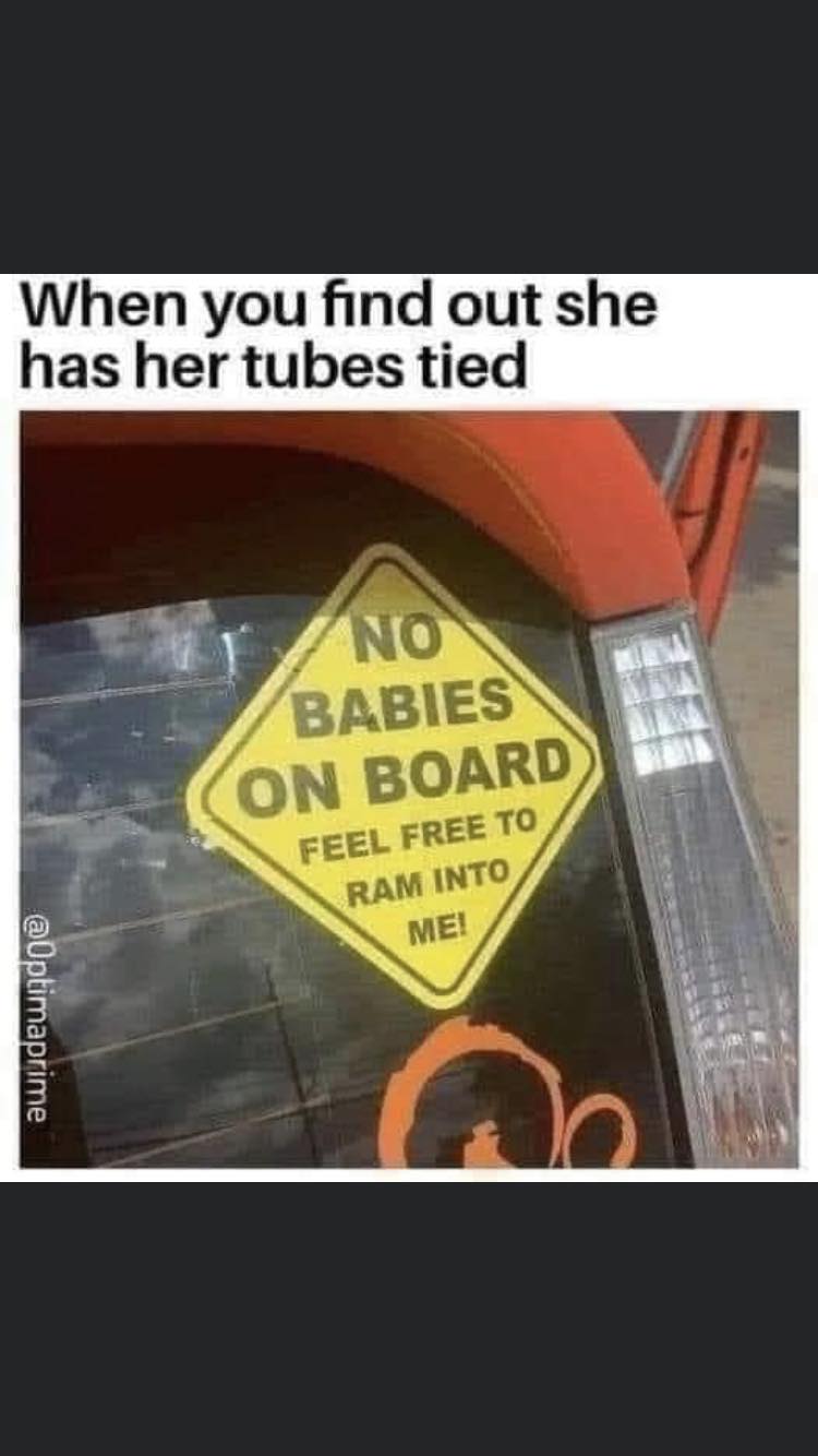 The meme is a photo of a car's rear window with a yellow diamond-shaped sticker that reads: "NO BABIES ON BOARD. FEEL FREE TO RAM INTO ME!" The text above the image says: "When you find out she has her tubes tied." The meme is a humorous way to express the idea that someone's partner has been or is about to be sterilized, and they're now free to live their life without the burden of having to deal with a partner's or their own child's needs.